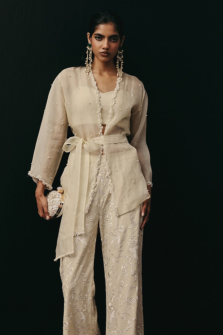 Ivory Organza Bead Embroidered Overlay Jacket by Twenty Nine at Pernia's Pop Up Shop