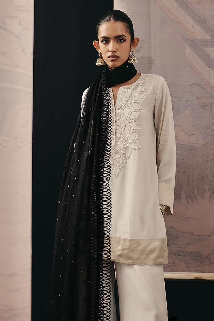 Beige Crepe Silk Bead Work Short Kurta by Twenty Nine at Pernia's Pop Up Shop
