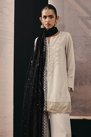 Beige Crepe Silk Bead Work Short Kurta by Twenty Nine