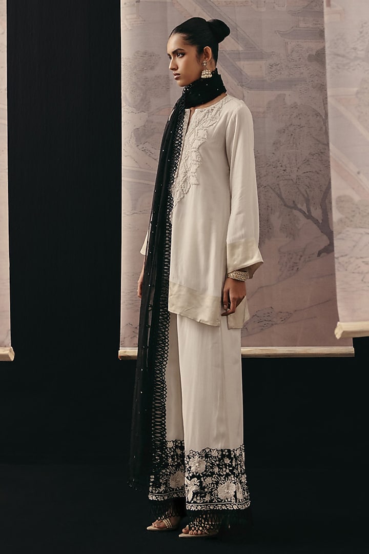 Beige Crepe Silk Bead Work Short Kurta by Twenty Nine at Pernia's Pop Up Shop