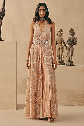 Blush Net Hand Embroidered Dress by Twenty Nine