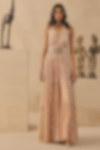 Blush Tulle Hand Embroidered Boot-Cut Pants by Twenty Nine at Pernia's Pop Up Shop