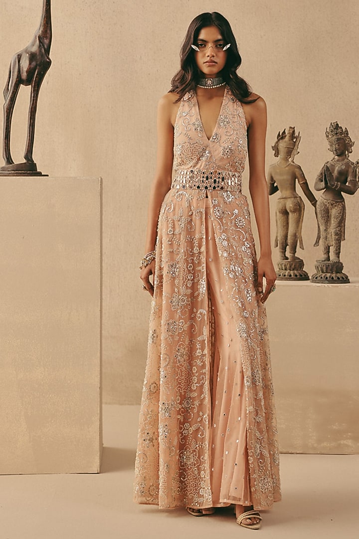 Blush Tulle Hand Embroidered Boot-Cut Pants by Twenty Nine at Pernia's Pop Up Shop