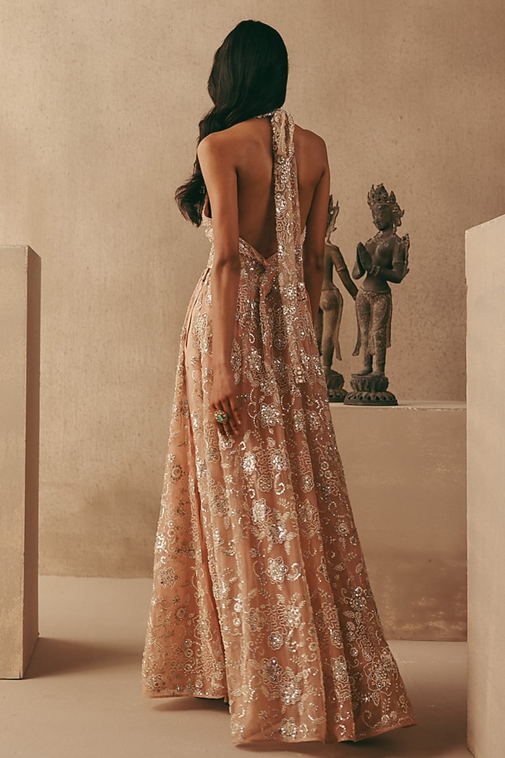 Blush Tulle Hand Embroidered Boot-Cut Pants by Twenty Nine at Pernia's Pop Up Shop