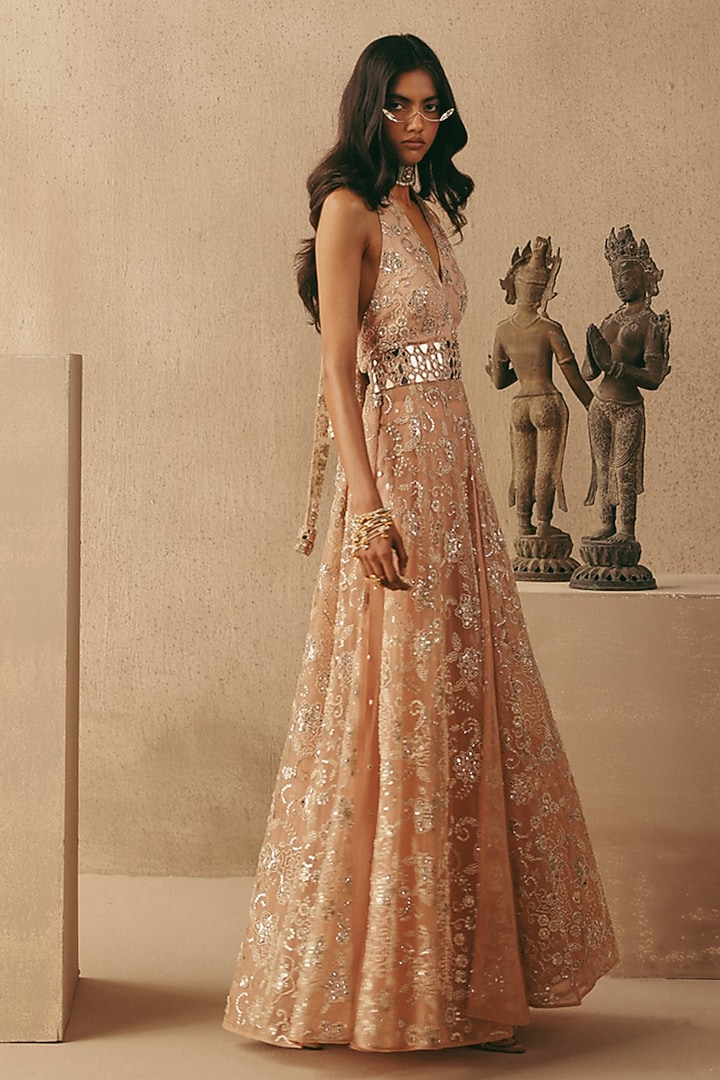 Blush Tulle Hand Embroidered Boot-Cut Pants by Twenty Nine at Pernia's Pop Up Shop