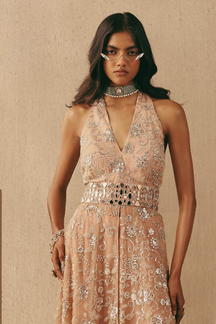 Blush Tulle Hand Embroidered Boot-Cut Pants by Twenty Nine at Pernia's Pop Up Shop