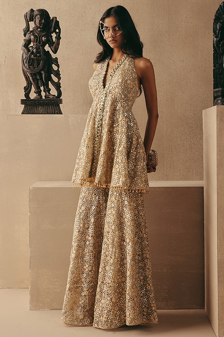 Golden Net Hand Embroidered Peplum Top by Twenty Nine at Pernia's Pop Up Shop