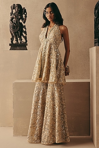 Golden Net Hand Embroidered Peplum Top by Twenty Nine