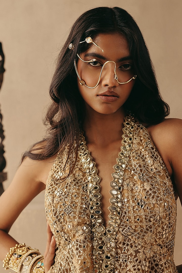Golden Net Hand Embroidered Peplum Top by Twenty Nine at Pernia's Pop Up Shop