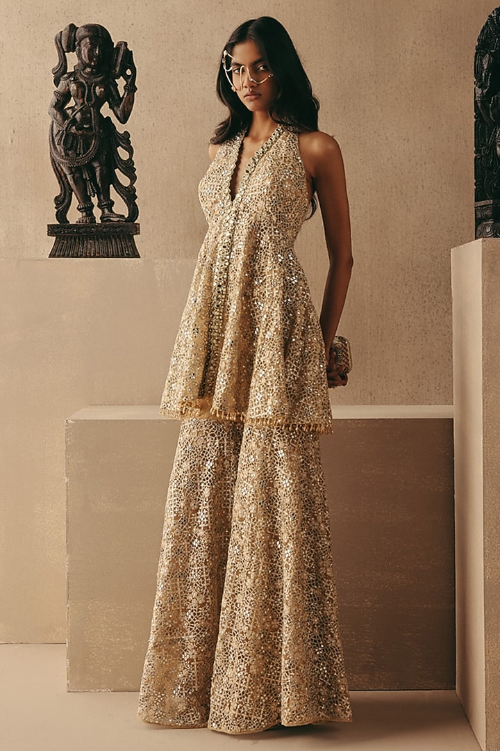 Golden Net Mirror Work Sharara by Twenty Nine at Pernia's Pop Up Shop