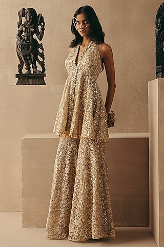Golden Net Mirror Work Sharara by Twenty Nine