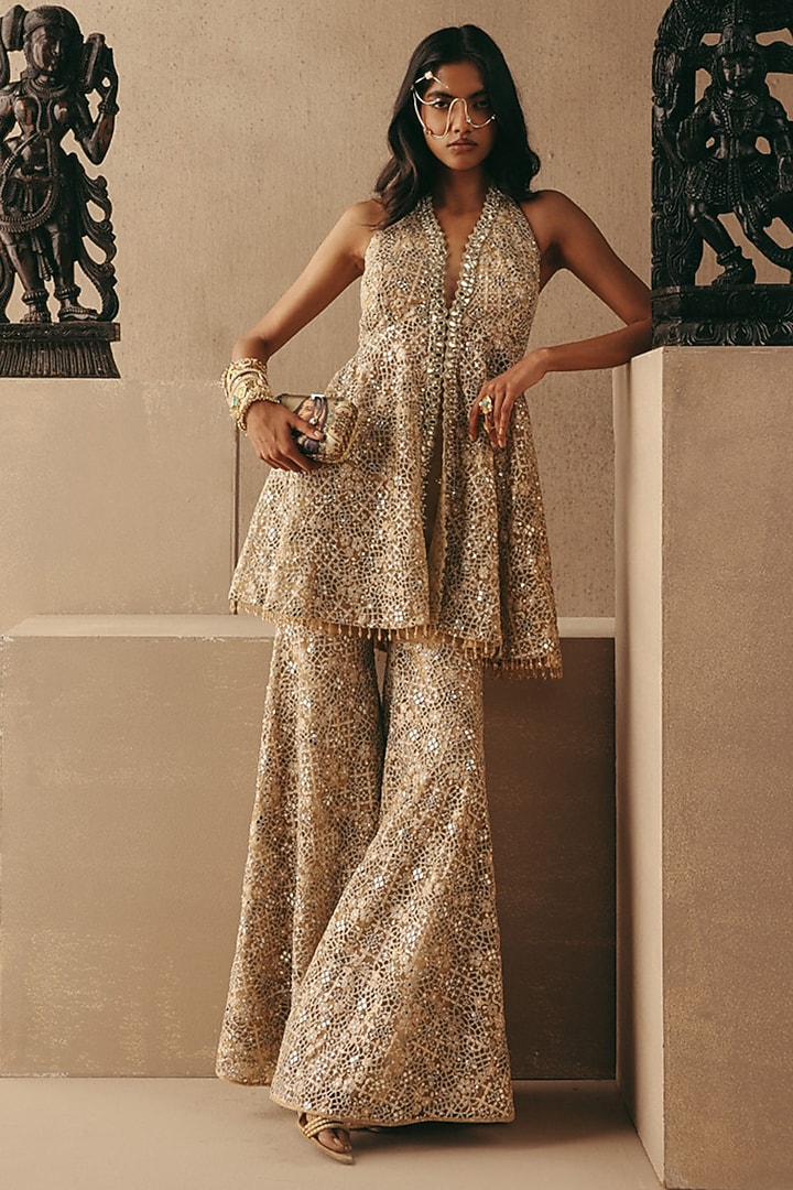 Golden Net Mirror Work Sharara by Twenty Nine at Pernia's Pop Up Shop