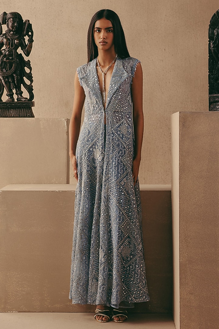 Sky Blue Net Mirror Work Long Jacket by Twenty Nine at Pernia's Pop Up Shop
