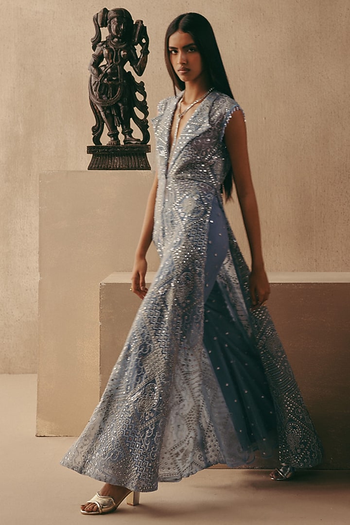 Sky Blue Net Mirror Work Long Jacket by Twenty Nine at Pernia's Pop Up Shop