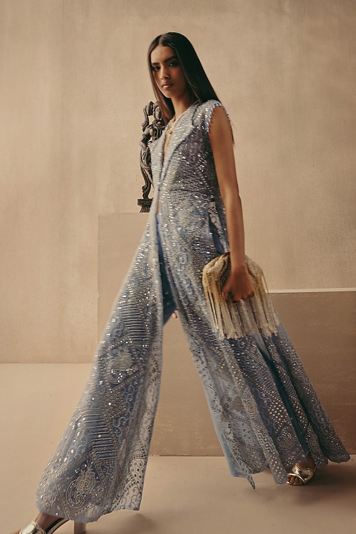 Sky Blue Net Mirror Work Long Jacket by Twenty Nine at Pernia's Pop Up Shop