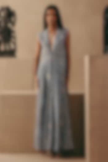 Sky Blue Tulle Mirror Work Boot-Cut Pants by Twenty Nine at Pernia's Pop Up Shop