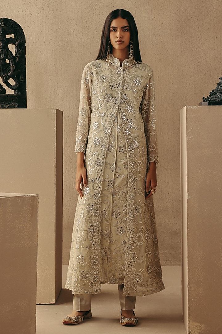 Silver Brocade Cigarette Pants by Twenty Nine at Pernia's Pop Up Shop