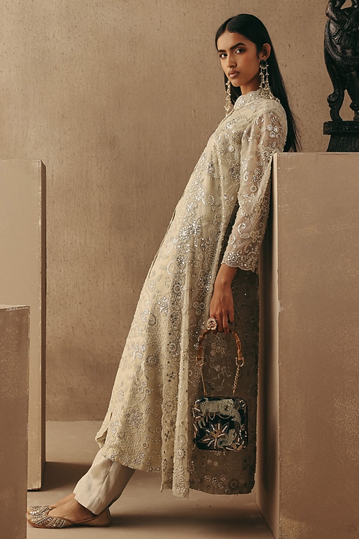 Silver Brocade Cigarette Pants by Twenty Nine at Pernia's Pop Up Shop