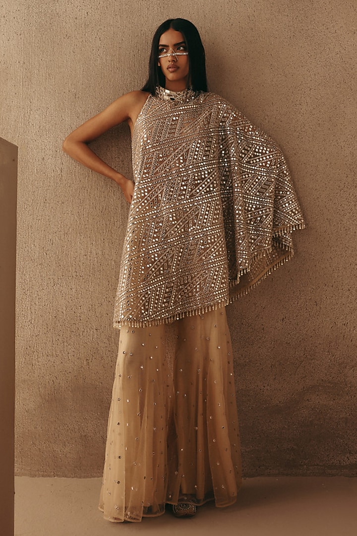 Natural Tulle Mirror Work Boot-Cut Pants by Twenty Nine at Pernia's Pop Up Shop