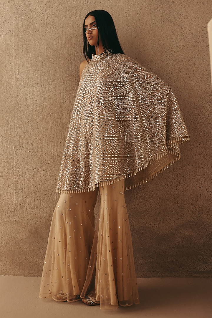 Natural Tulle Mirror Work Boot-Cut Pants by Twenty Nine at Pernia's Pop Up Shop