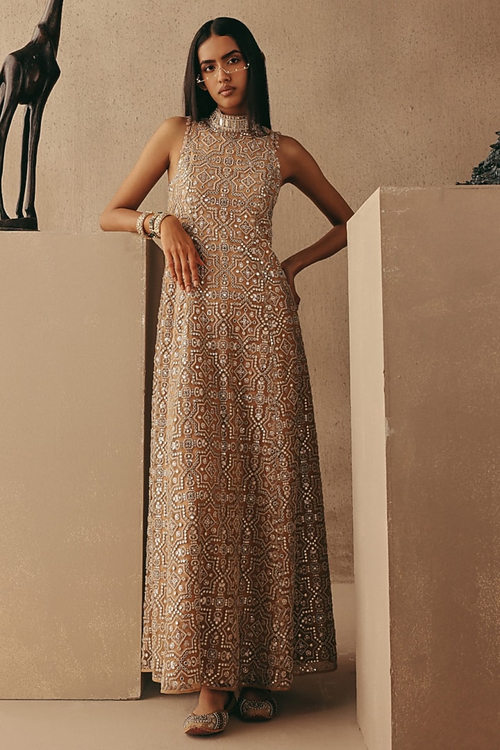 Peach Net Mirror Work Cocktail Dress by Twenty Nine at Pernia's Pop Up Shop