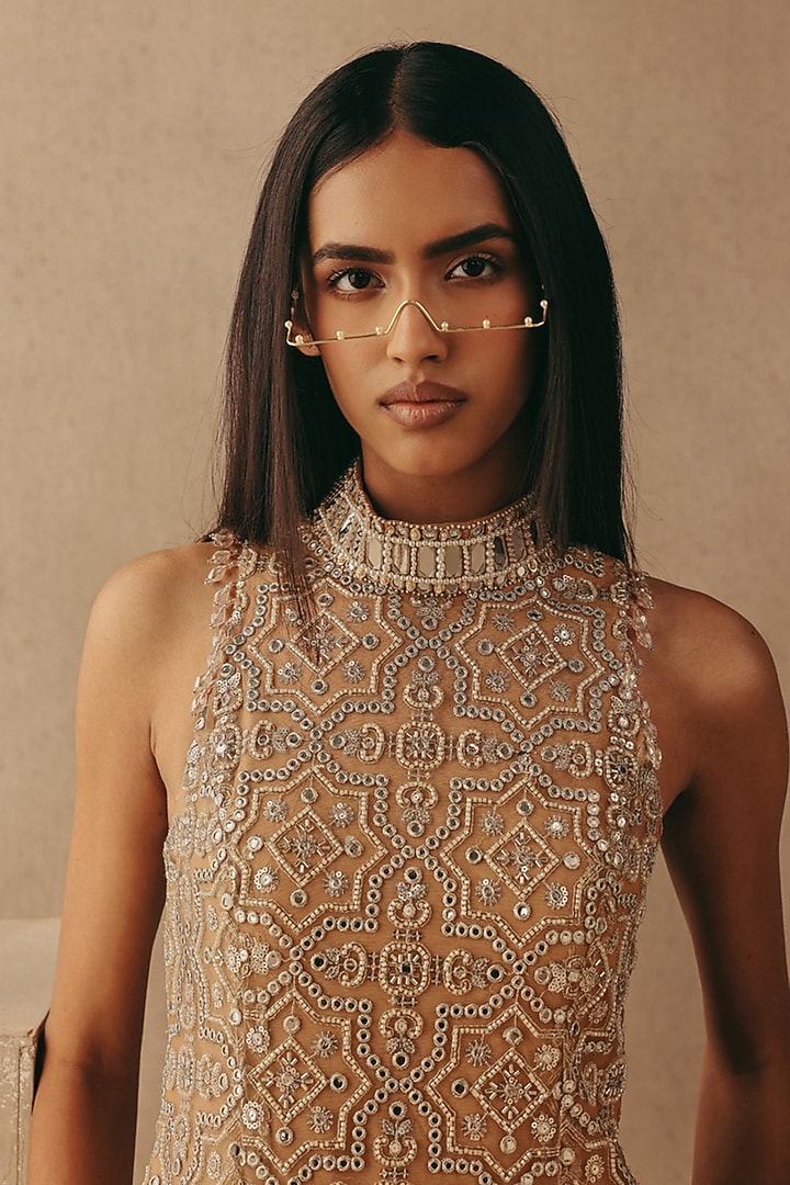Peach Net Mirror Work Cocktail Dress by Twenty Nine at Pernia's Pop Up Shop