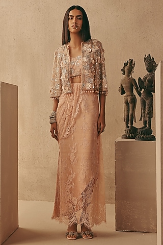 Blush Lace Mirror Work Pick-Up Skirt by Twenty Nine