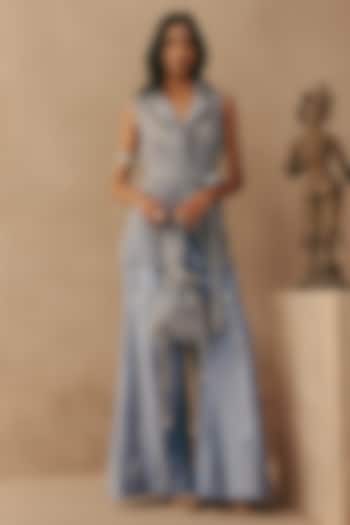 Sky Blue Net Mirror & Beads Hand Embroidered Blazer by Twenty Nine at Pernia's Pop Up Shop