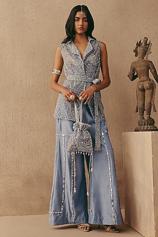 Sky Blue Net Mirror & Beads Hand Embroidered Blazer by Twenty Nine