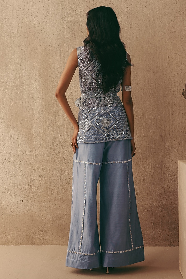 Sky Blue Net Mirror & Beads Hand Embroidered Blazer by Twenty Nine at Pernia's Pop Up Shop