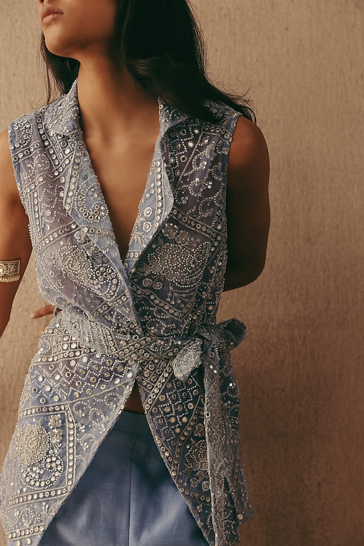 Sky Blue Net Mirror & Beads Hand Embroidered Blazer by Twenty Nine at Pernia's Pop Up Shop