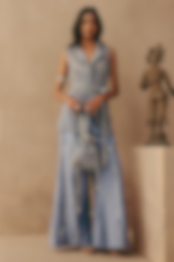 Sky Blue Chanderi Flared Pants by Twenty Nine at Pernia's Pop Up Shop