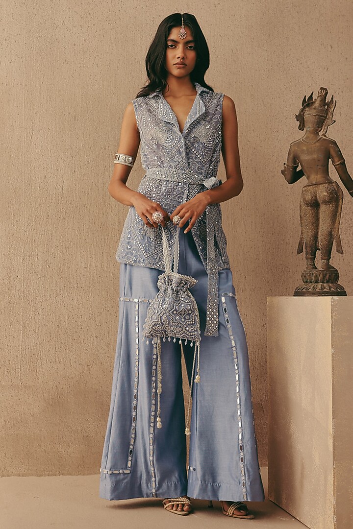 Sky Blue Chanderi Flared Pants by Twenty Nine at Pernia's Pop Up Shop