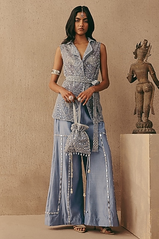 Sky Blue Chanderi Flared Pants by Twenty Nine
