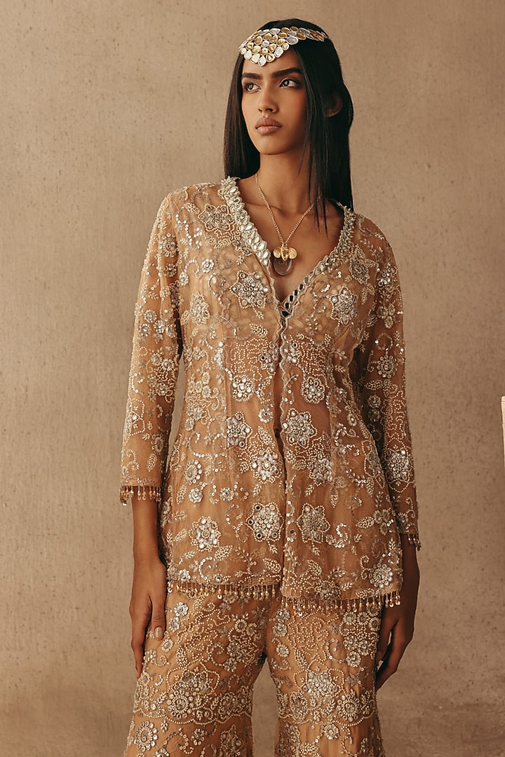 Peach Net Mirror & Beads Work Blazer by Twenty Nine at Pernia's Pop Up Shop