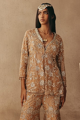 Peach Net Mirror & Beads Work Blazer by Twenty Nine