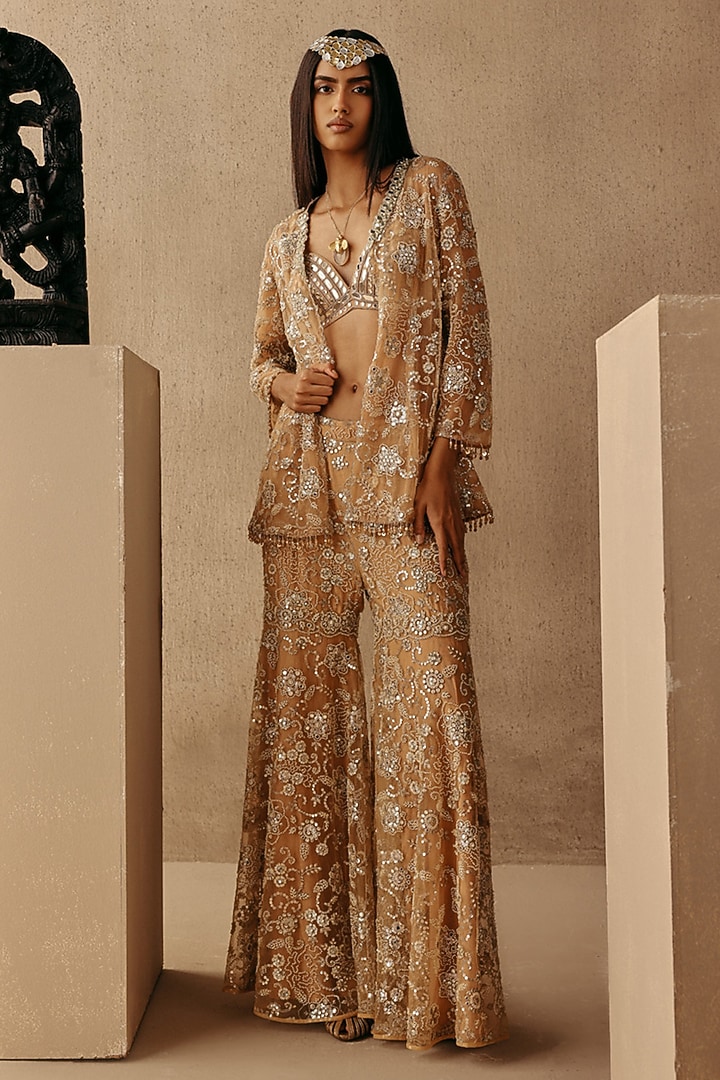 Peach Net Mirror & Beads Work Sharara Pants by Twenty Nine at Pernia's Pop Up Shop