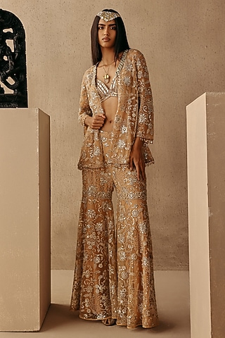Peach Net Mirror & Beads Work Sharara Pants by Twenty Nine
