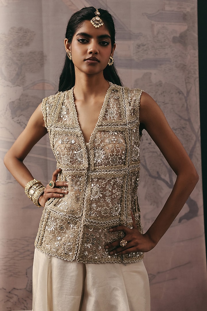 Natural-Colored Net Mirror Work Gilet by Twenty Nine at Pernia's Pop Up Shop