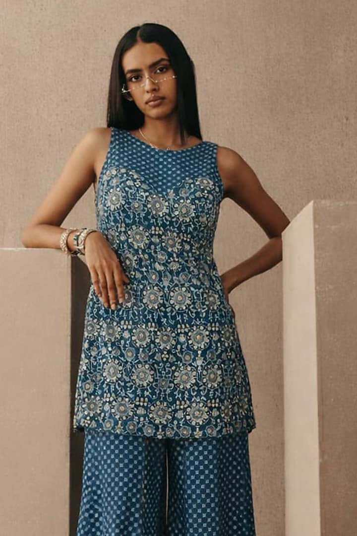 Teal Net Mirror Work Backless Tunic by Twenty Nine at Pernia's Pop Up Shop