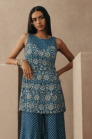 Teal Net Mirror Work Backless Tunic by Twenty Nine