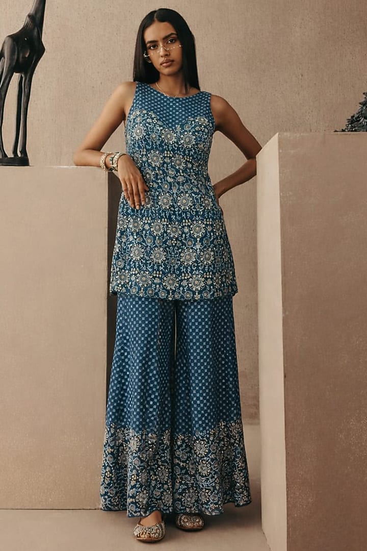 Teal Net Mirror Work Backless Tunic by Twenty Nine at Pernia's Pop Up Shop