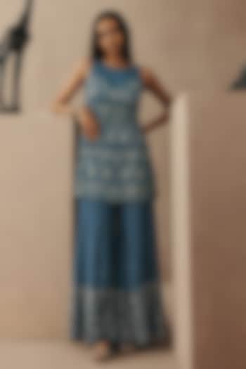 Teal Net Mirror Work Boot-Cut Pants by Twenty Nine at Pernia's Pop Up Shop