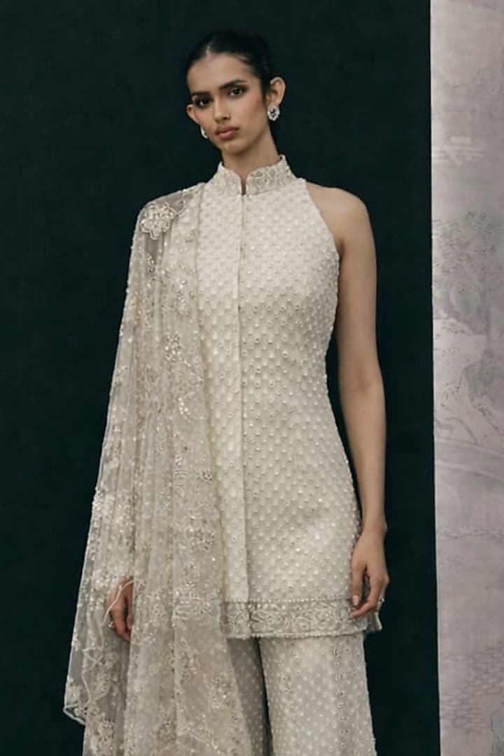 Ivory Net Mirror Work Peplum Top by Twenty Nine at Pernia's Pop Up Shop