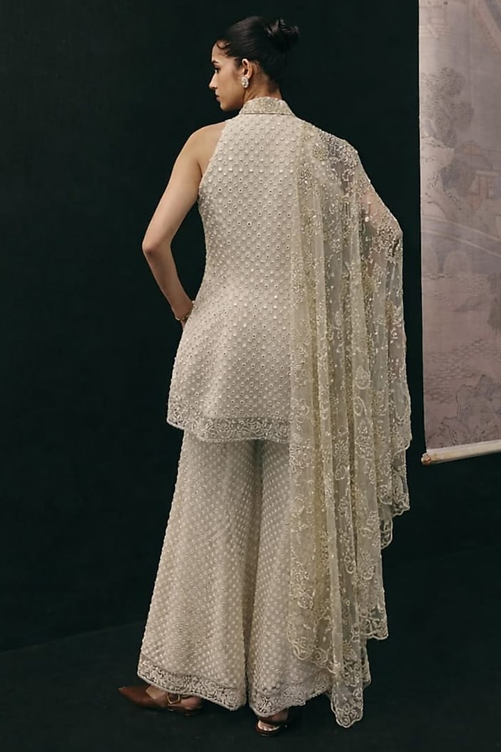 Ivory Net Mirror Work Peplum Top by Twenty Nine at Pernia's Pop Up Shop