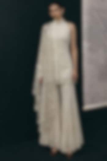 Ivory Net Mirror Work Flared Boot-Cut Pants by Twenty Nine at Pernia's Pop Up Shop