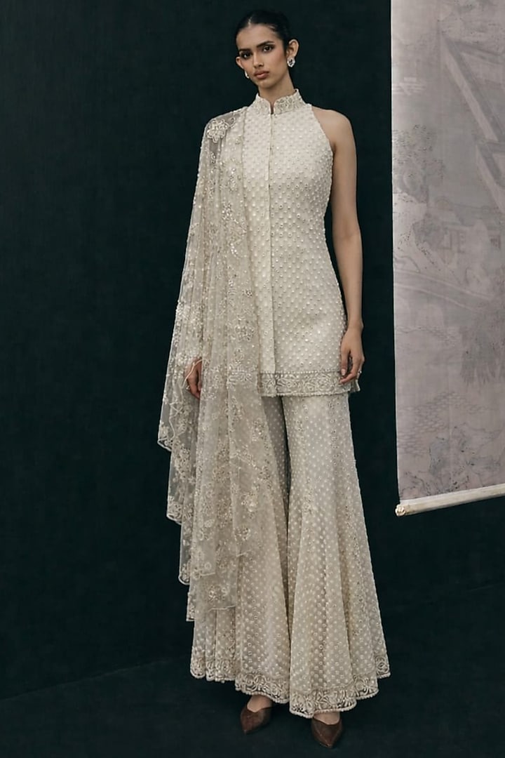 Ivory Net Mirror Work Flared Boot-Cut Pants by Twenty Nine at Pernia's Pop Up Shop