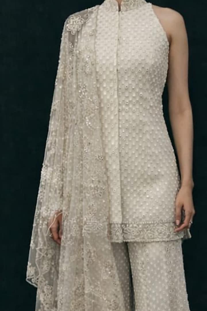 Ivory Net Mirror Work Dupatta by Twenty Nine at Pernia's Pop Up Shop