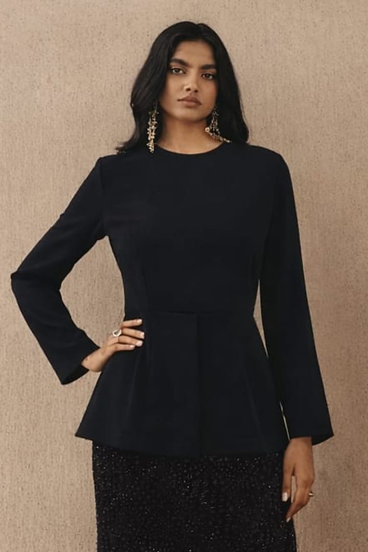 Black Crepe Pleated Peplum Top by Twenty Nine at Pernia's Pop Up Shop