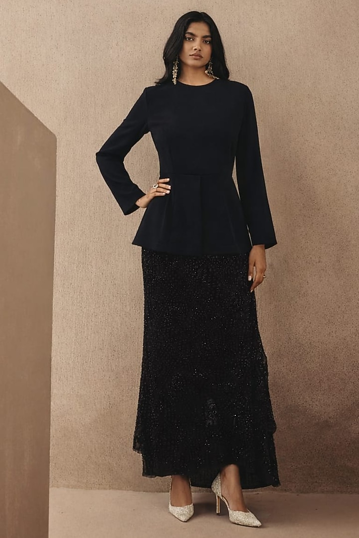 Black Crepe Pleated Peplum Top by Twenty Nine at Pernia's Pop Up Shop